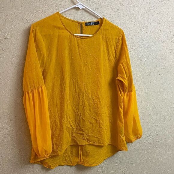 CURE Mustard Yellow Textured Fall Long Balloon Puff Sleeve Blouse small - Picture 9 of 9